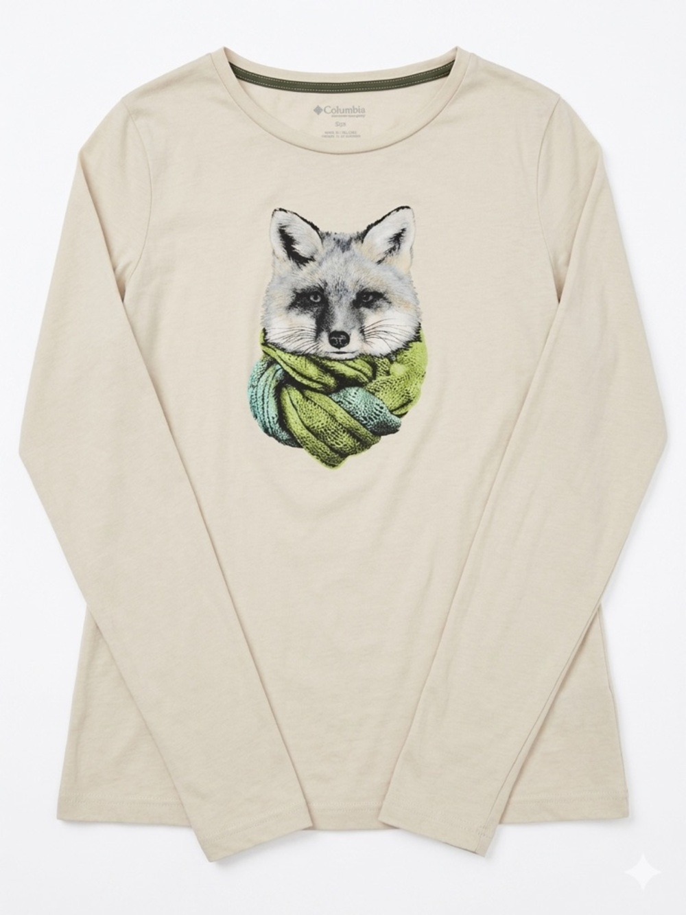 Columbia Cream Fox Scarf Graphic Long Sleeve Shirt size small